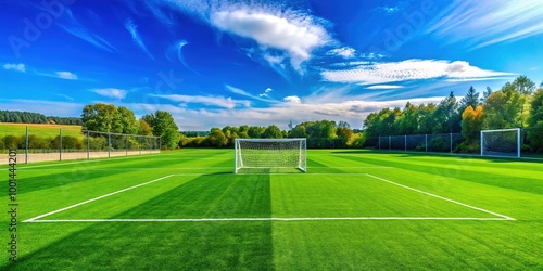 Green soccer field board with white markings and goalposts under a clear blue sky on sunny day