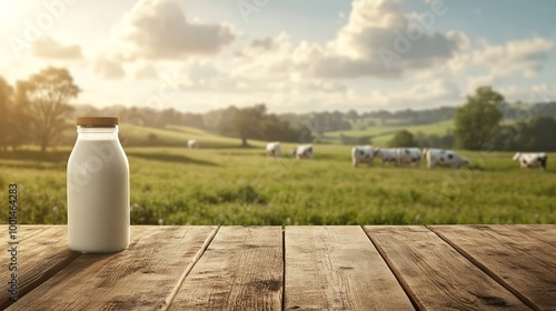 bottle of milk on a background of meadows with cows