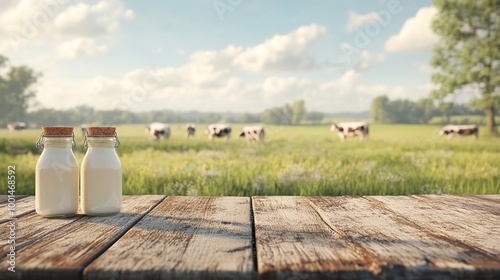 bottle of milk on a background of meadows with cows