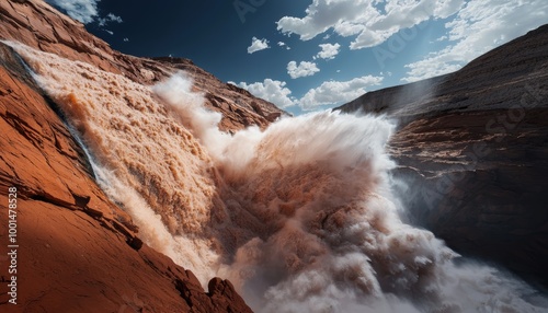 A flash flood roaring down a mountainside, creating waterfalls where there were none before