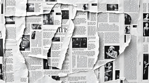 Ripped-up newspaper articles, black and white, abstract format, background for a website, mix of torn edges, layered, intermixed text and images. Generative AI