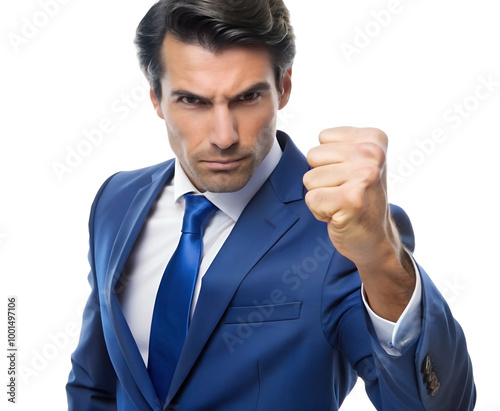 A focused businessman wearing a blue suit raises his fist in a determined and assertive gesture, representing ambition and resilience in business.