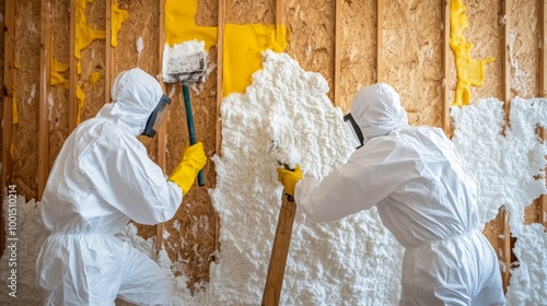 A worker wearing a protective suit and mask handles debris inside a damaged building, most likely during hazardous material cleanup.