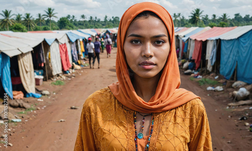 A young woman wearing a yellow headscarf looks directly at the camera in front of a row of tents