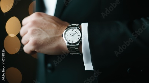 Close-up of a man's wrist wearing a luxury watch, adjusting his suit. Concept of sophistication, professionalism, and time management.