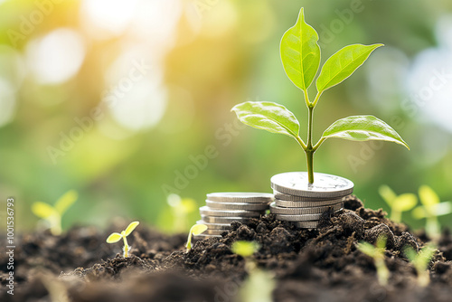 Plant money coins saving growth up to profit interest for concept investment mutual fund finance and business