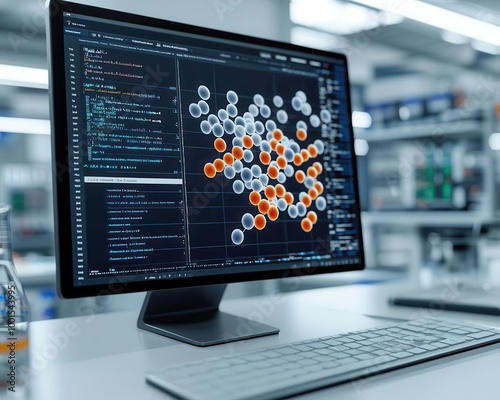 Lab with molecular docking simulation software on screen, computational chemistry, drug discovery