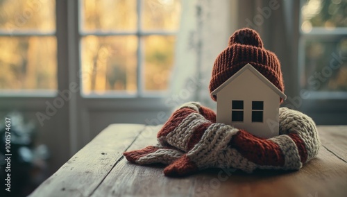 Cozy home model wrapped in a warm scarf by the window on a winter morning