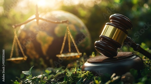 world and wooden gavel with a golden scale for law international environmental concept of business corporate and industry law world for environmental regulationsustainable environment : Generative AI