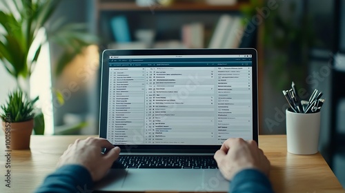Email inbox message list on a computer laptop screen man working on an office desk business background Email correspondence mail concept : Generative AI