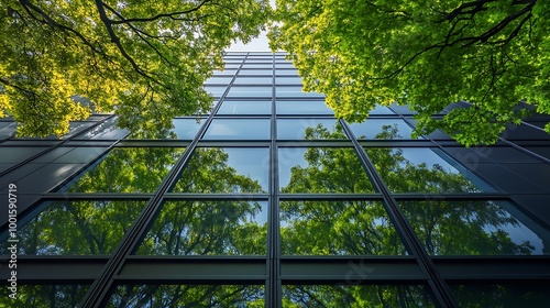 Sustainble green building Ecofriendly building in modern city Sustainable glass office building with tree for reducing carbon dioxide Office with green environment Corporate building r : Generative AI