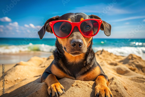 cute dachshund dog, black and tan, wearing red sunglasses, relaxing and enjoying buried in sand on ocean beach in summer vacation