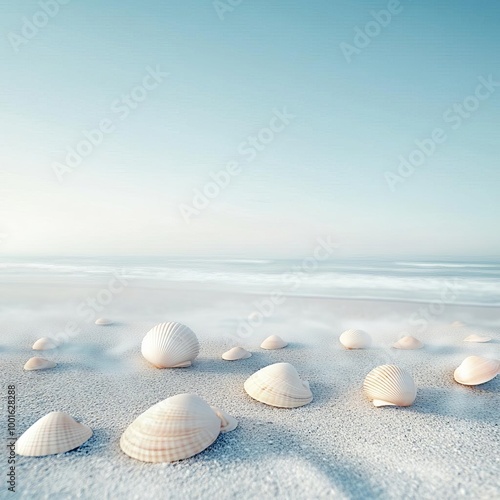 Foggy beach with scattered seashells, drifting mist, 3D illustration