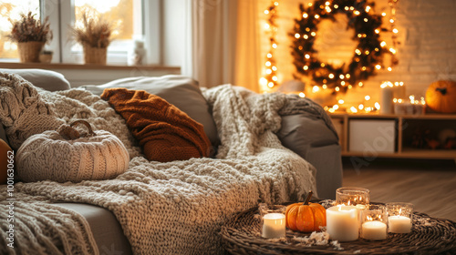 Depict a room decorated for a specific season, such as fall with warm autumn colors, cozy blankets, and pumpkins, or winter with twinkling lights, snowflake ornaments, and pine wreaths. 