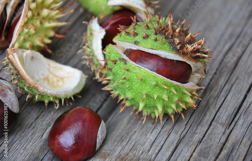 chestnuts on wooden background close-up. selective focus