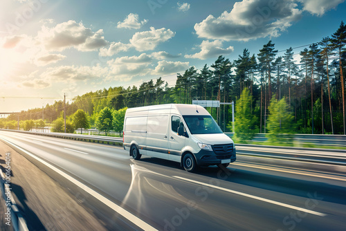 A white van is driving down a road with trees in the background.,