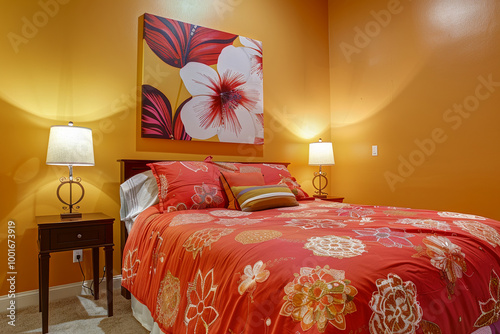 Cozy bedroom featuring vibrant floral bedspread and matching nightstands