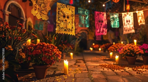 Vibrant Dia de los Muertos Celebration with Papel Picado Banners, Altars, and Marigold Decorations