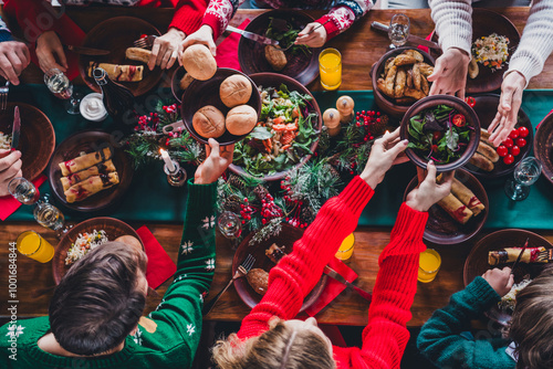 High angle view cropped photo of group family members eat food table gather celebrate christmas apartment indoors