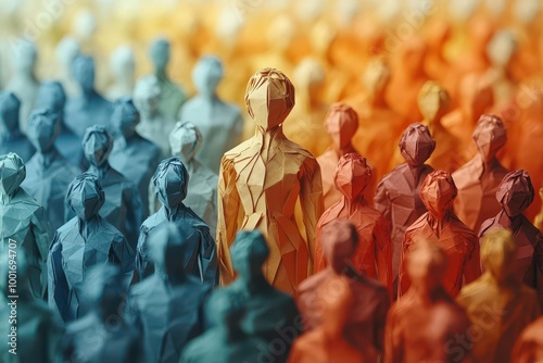 diverse crowd of individuals depicted in intricate paper craft origami style conveying themes of overpopulation and societal diversity in an engaging visual representation