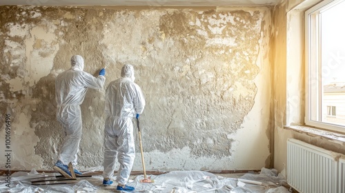 Workers in protective suits and masks handling debris in an indoor environment, likely during a hazardous material cleanup or asbestos removal.