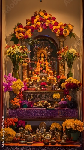 A beautifully arranged altar displaying traditional symbols of the novena de aguinaldos, with vibrant colors and soft lighting.