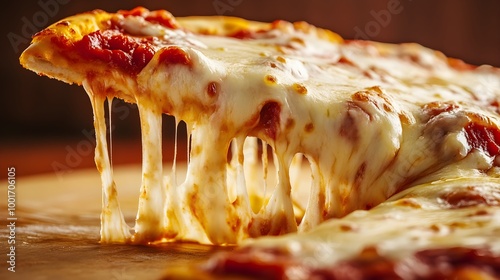 A close-up of a slice of pizza with gooey cheese stretching as it is pulled away from the whole, with a neutral solid color backdrop