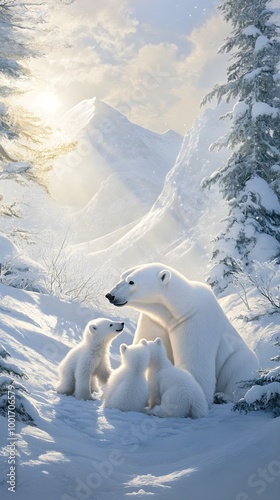 A polar bear mother and her cubs playing in the snow, surrounded by a serene arctic landscape, with gentle light illuminating the scene