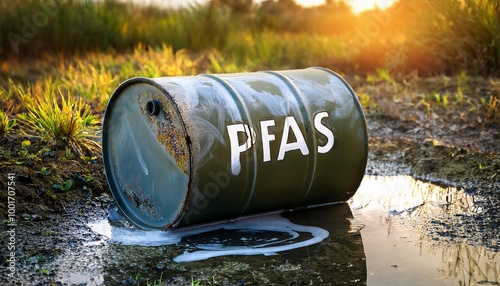 PFAS chemical container on the ground near a wetland during sunset, highlighting environmental contamination issues. Generative AI