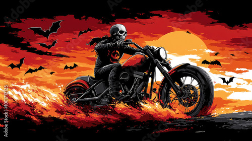 A skull-faced rider accelerates on a motorcycle against a blazing orange sunset, with bats soaring in the dark sky