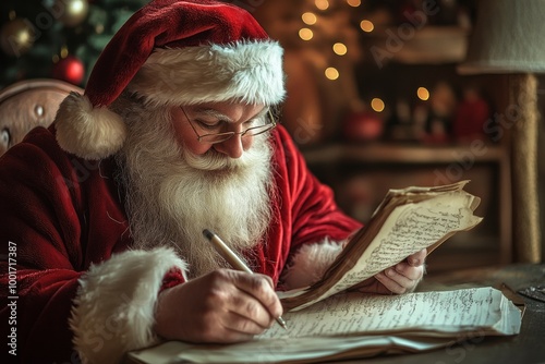 Santa Claus writing his naughty or nice list in a cozy, festive workshop decorated with Christmas lights