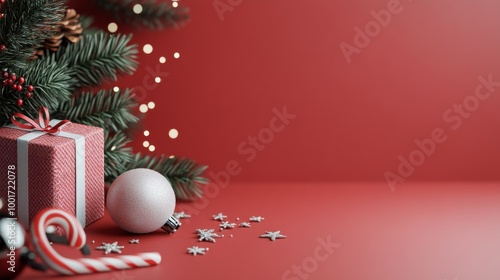 Festive holiday arrangement with gifts, ornaments, and decorations on a vibrant red background