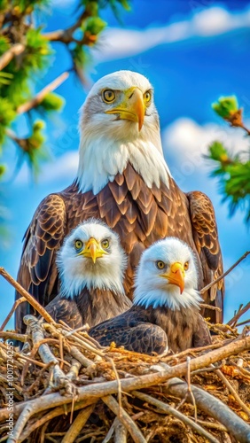 Family of eaglets perched in their nest under bright blue skies. Generative AI