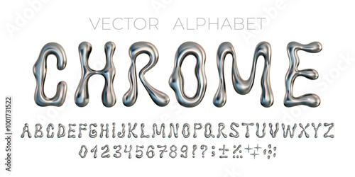 3D vector chrome alphabet. Metal silver letter and number set