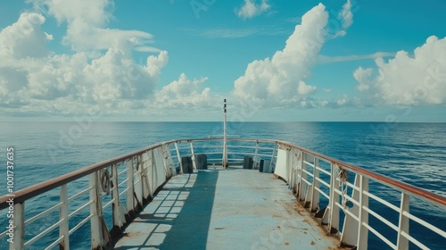 A view from the bow of a ship at sea, with the ocean stretching out in front and a blue sky with white clouds overhead.