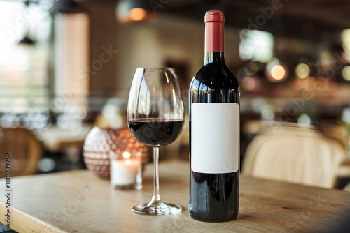 A bottle of red wine and a filled glass on a table in a chic restaurant booth with tufted seating. Mockup for designs.