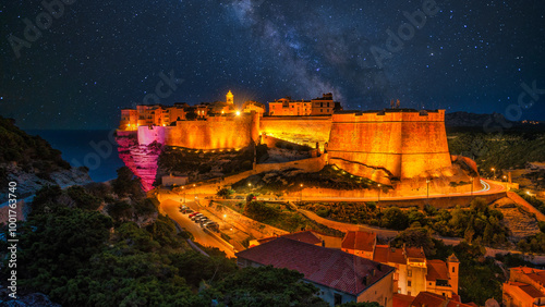 Close up Landscape with Bonifacio at night time, Corsica island, France Europe 