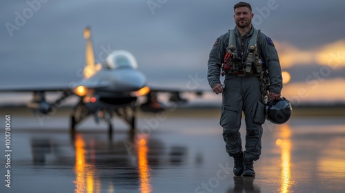 The fighter pilot in a gray flight suit strides confidently from the jet on the slick tarmac, showcasing a dramatic evening atmosphere with reflections from the surrounding lights