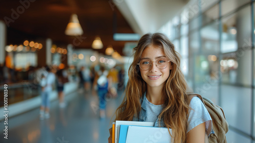 Attractive female student with glasses stands in front of a window in a higher education institution. Quality education and interesting life.