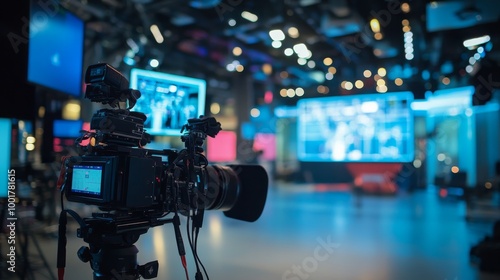 The bustling television studio features large cameras and bright lights, highlighting a high-end camera setup. Digital screens enhance the dynamic media production atmosphere