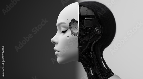 female humanoid robot with half its face being human and the other side showing mechanical parts, split in two to symbolize artificial intelligence's duality. Web banner in black and white