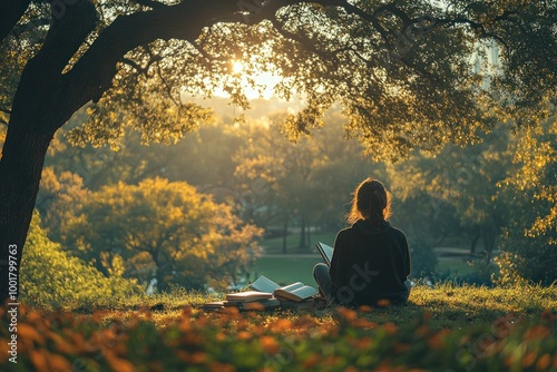 A woman sits on a grassy hill under a large tree, reading a book while the sun sets behind her.