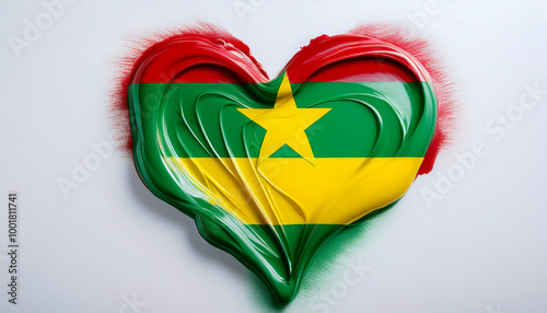 Paint stain in the shape of a heart in the colours of the flag of Mauritania.