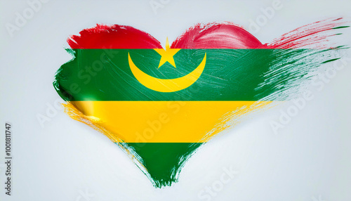 Paint stain in the shape of a heart in the colours of the flag of Mauritania.