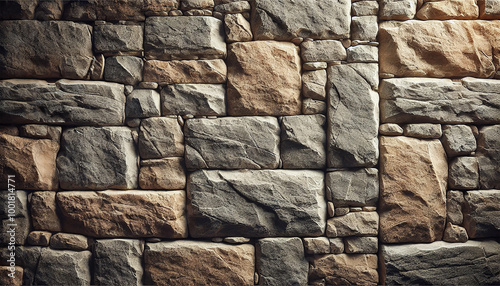 Close-Up View of a Stone Wall Surface with Rough and Uneven Stones, Visible Cracks, and Natural Imperfections. A Rugged and Organic Texture. AI-generated