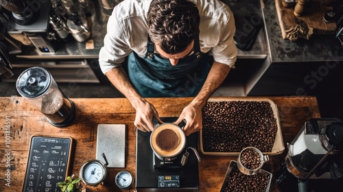 A professional coffee setup with a grinder, beans, and a scale, with a barista preparing to grind fresh coffee for a pour-over brewing method