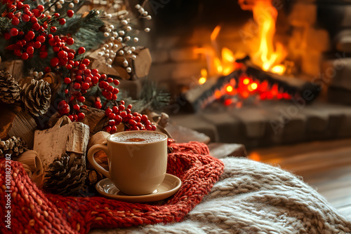 Mug with hot cocoa drink in front of fireplace in a cozy living room