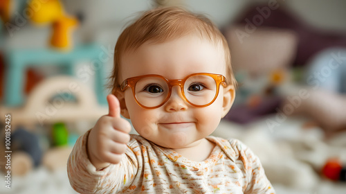 Cute warm funny adorable baby playful smile thumbs up, smart glasses, cozy, home room confident humorous thumbs-up lighthearted joyful kid boy children child success good job great idea cheerful