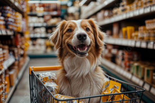 Australian Shepherd dog happy shopping in a supermarket, pushing a trolley full of products