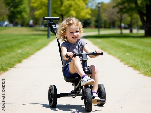 A joyful child rides a tricycle on a bright, sunny day on a park pathway, symbolizing childhood freedom, happiness, and the excitement of outdoor adventures.